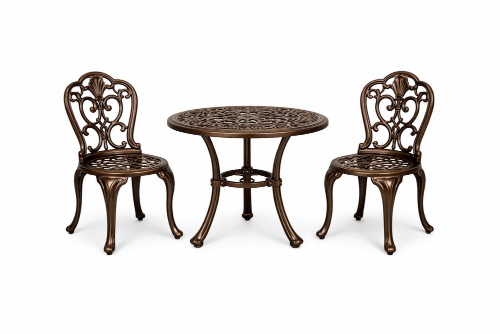 Bronze Cast Aluminum Outdoor Bistro Set with Round Table and Two Chairs