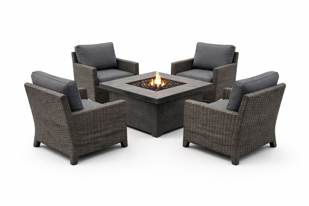 Wicker Patio Chair and Concrete Fire Pit Set with Cushions