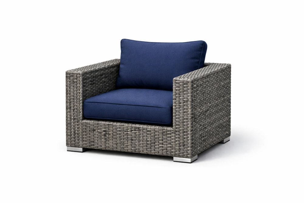 Outdoor Wicker Patio Armchair with Cushions Grey Blue