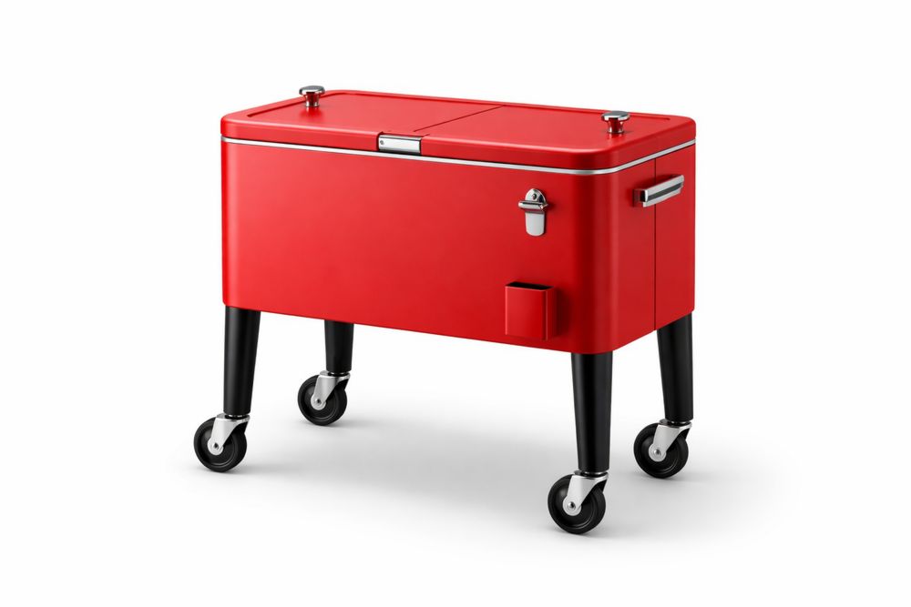 Red Steel Outdoor Rolling Cart with Lid and Wheels
