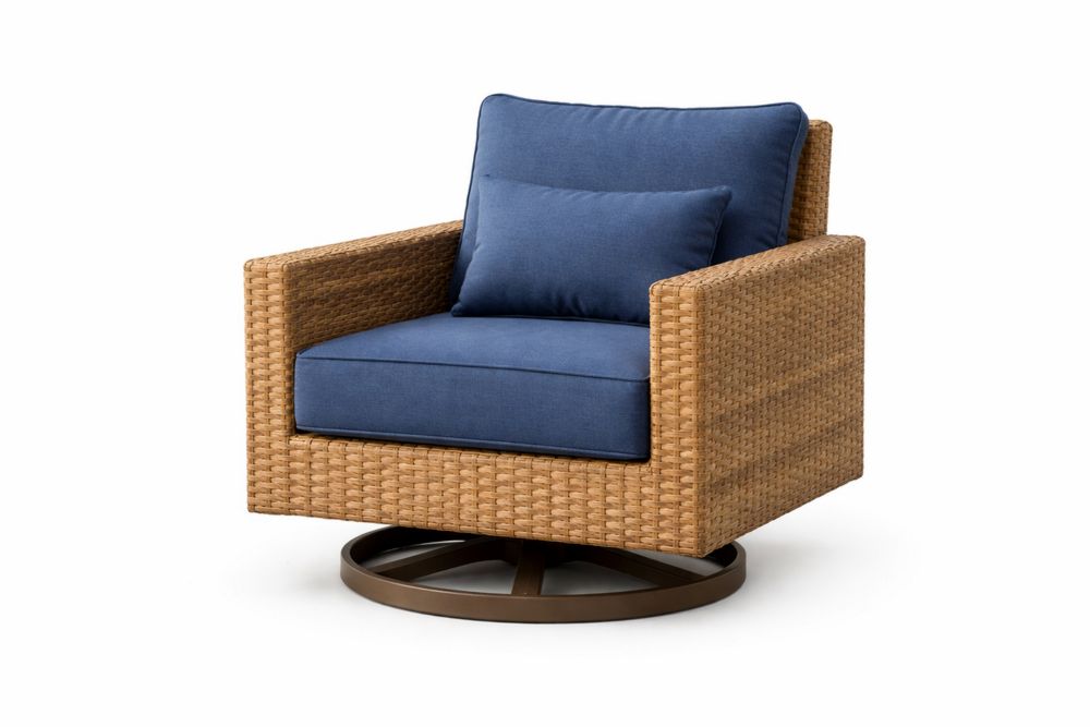 Patio Wicker Swivel Chair with Blue Cushions