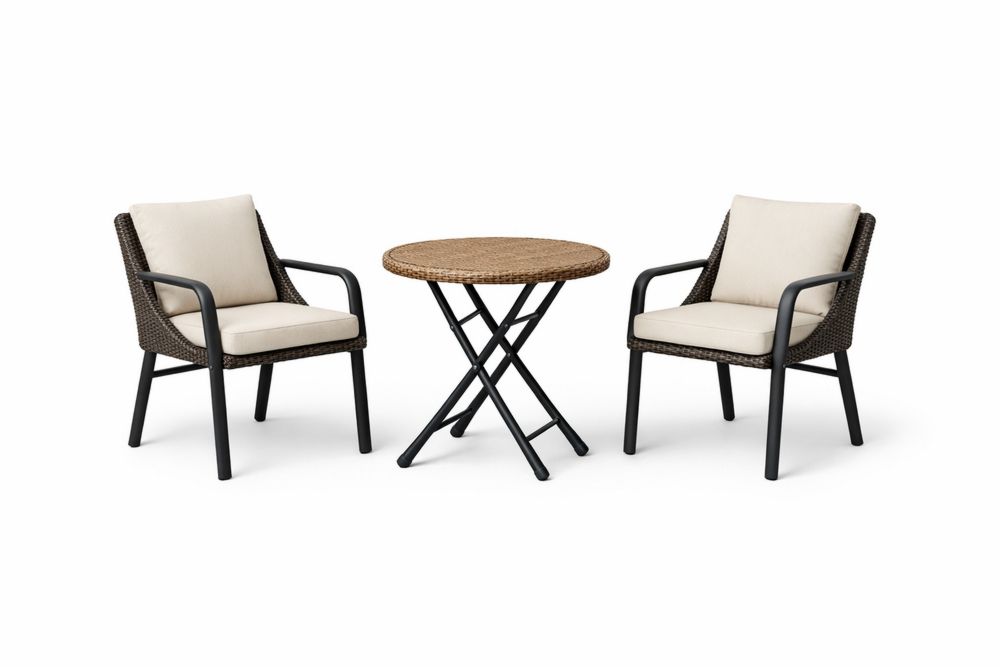 3-Piece Outdoor Bistro Set with Folding Wicker Table and Cushioned Steel Chairs in Brown and Ivory