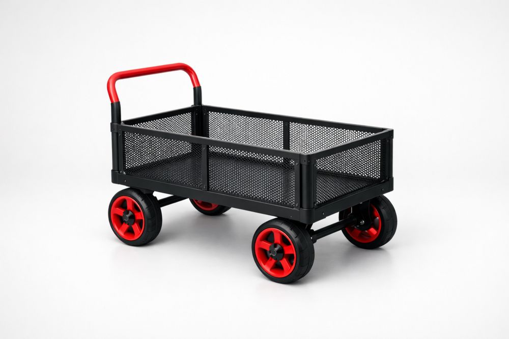Black Steel Utility Cart with Red Handles and Wheels