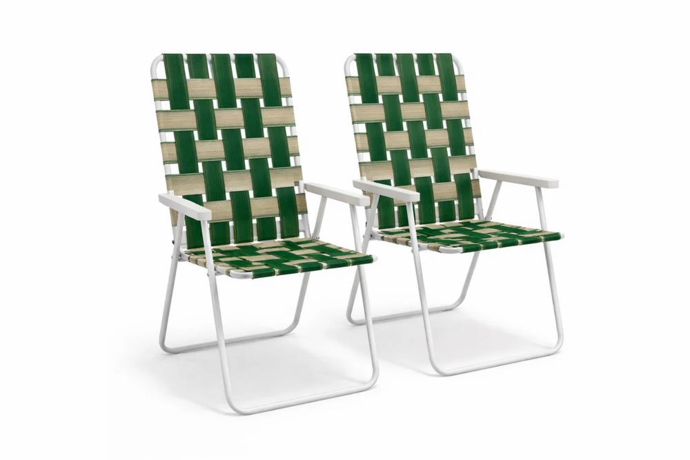 Outdoor steel Frame Folding Patio Chairs Set of 2 with Green and White Polypropylene Webbing