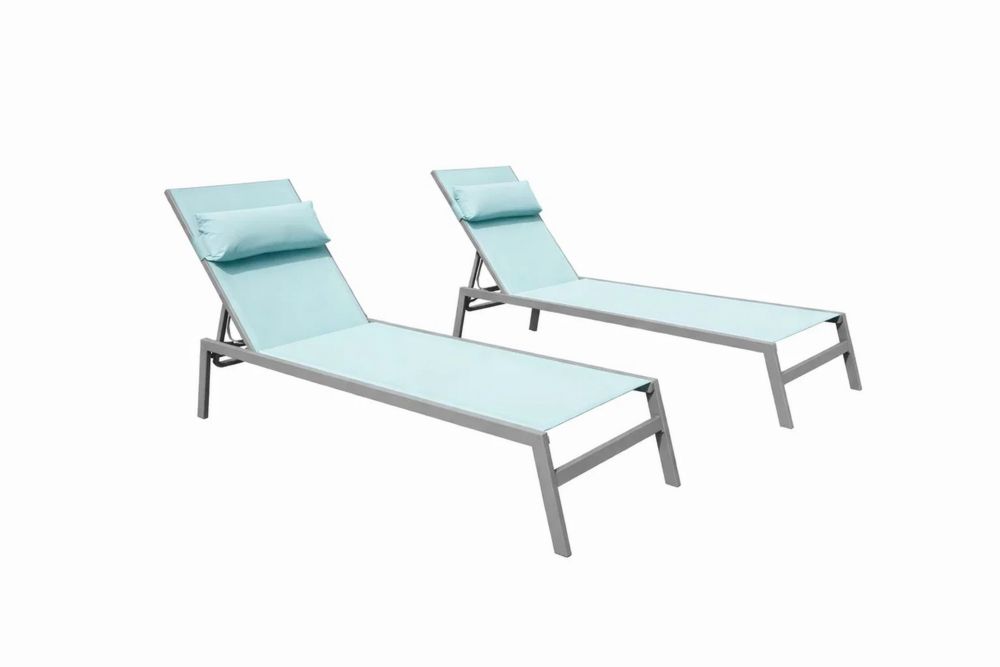 Outdoor Aluminum Chaise Lounge Set with Adjustable Backrest and Blue Cushions