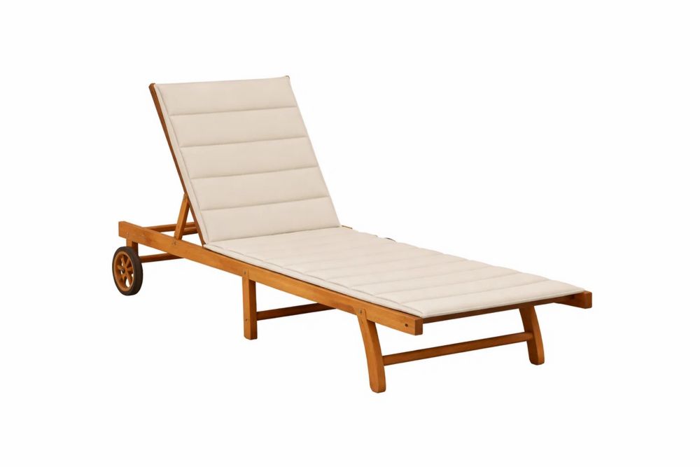 Outdoor Teak Chaise Lounge with Beige Polyester Cushion and Adjustable Backrest 200cm