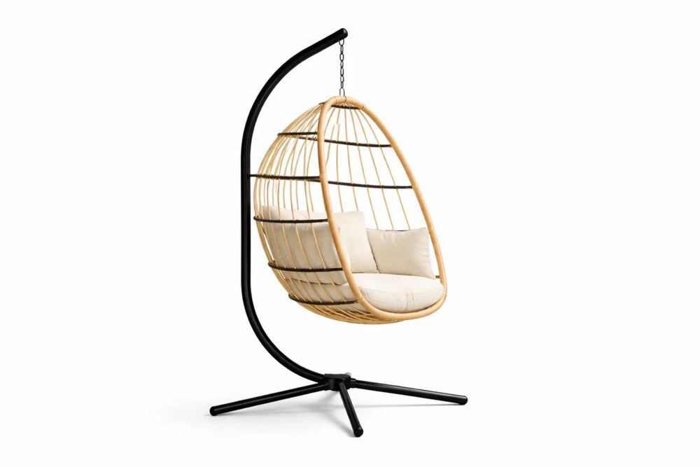 Outdoor Hanging Egg Chair with Steel Frame and PE Rattan Beige Cushion