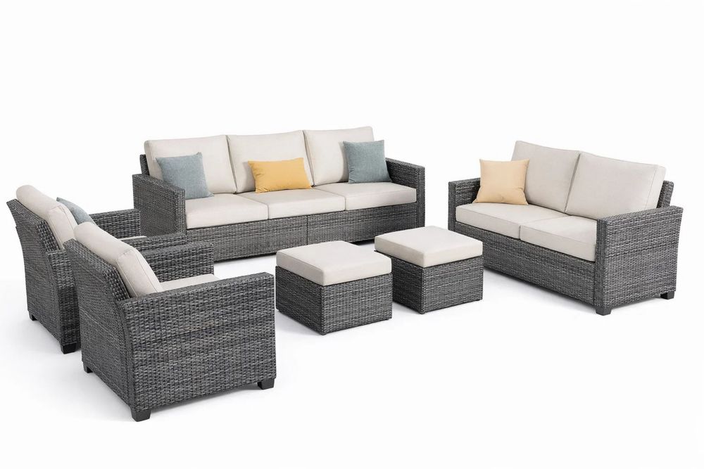 6 Piece Outdoor Rattan Sofa Set with Cushions and Ottomans, Gray Wicker, Beige Cushions