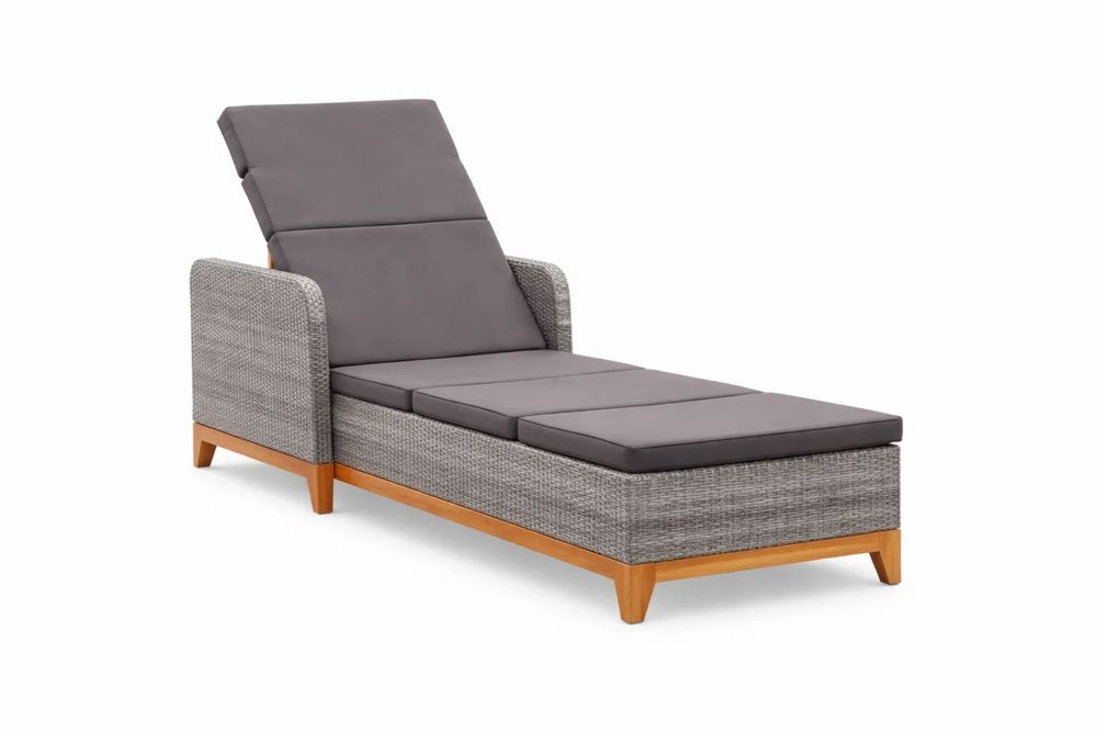 Outdoor Rattan Chaise Lounge with Cushion and Teak Legs