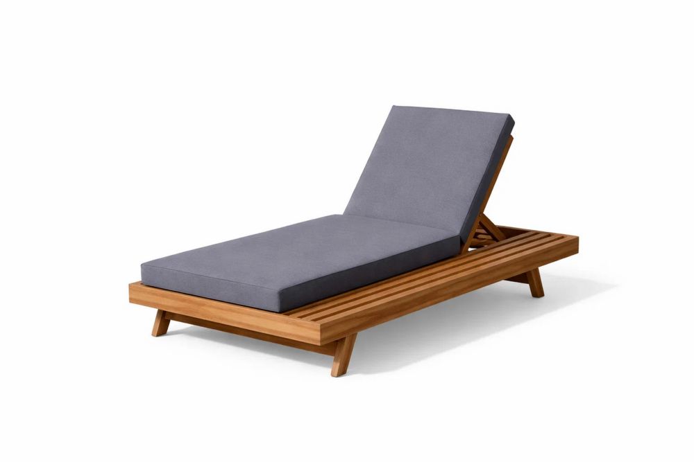 Teak Wood Outdoor Chaise Lounge with Gray Cushion