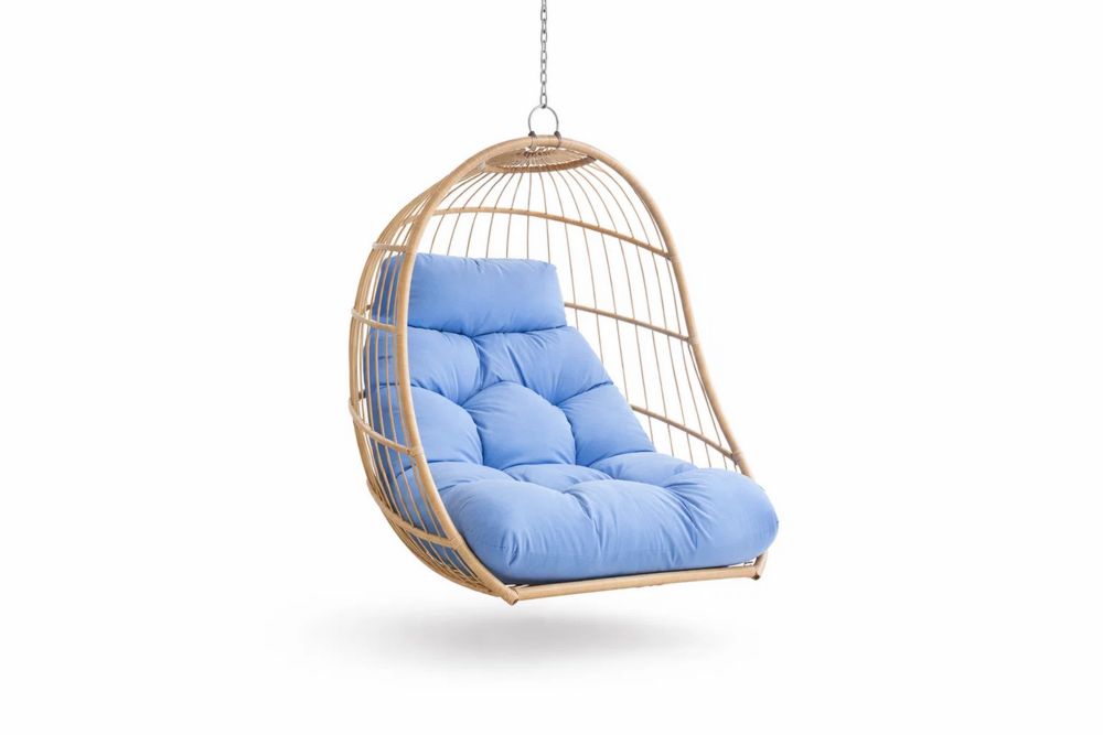 Rattan Hanging Egg Chair with Blue Cushions