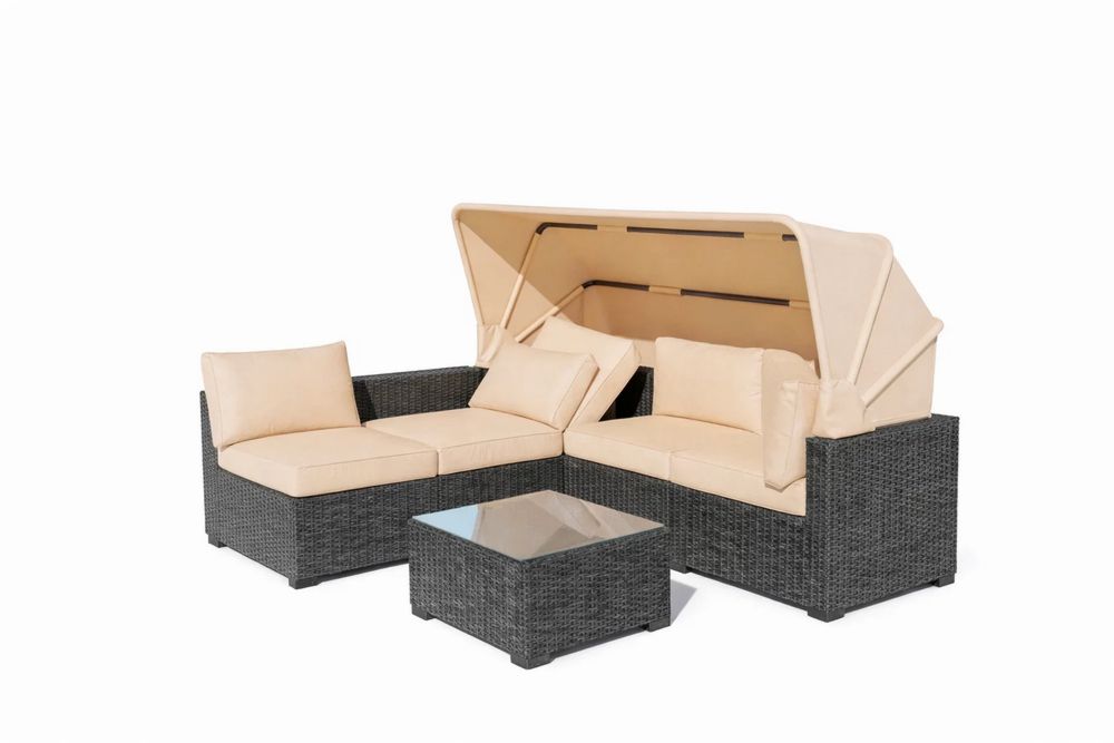 Outdoor Rattan Wicker Sofa Set with Retractable Canopy and Glass Table Beige Cushion