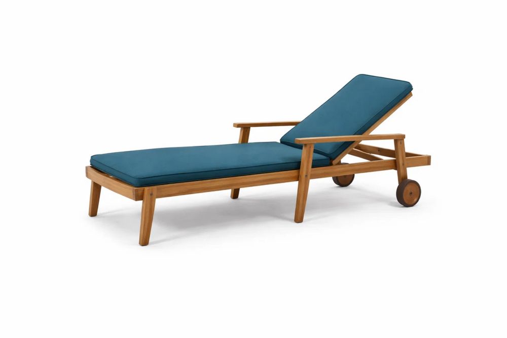 Teak Wood Chaise Lounge with Blue Cushions and Adjustable Backrest