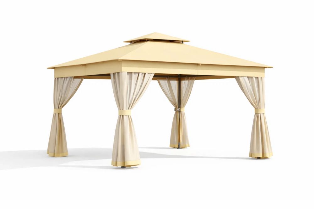 Beige Outdoor Patio Gazebo Canopy Tent with Curtains Steel Frame 3mx3m×2.7m