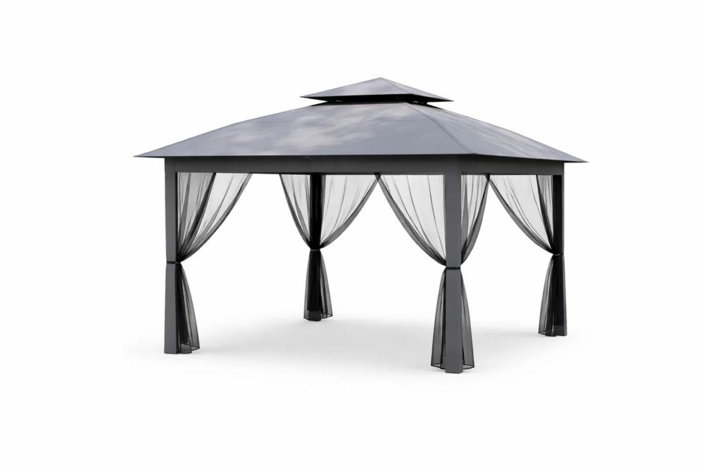 Outdoor Steel Gazebo with Polycarbonate Roof and Netting Black