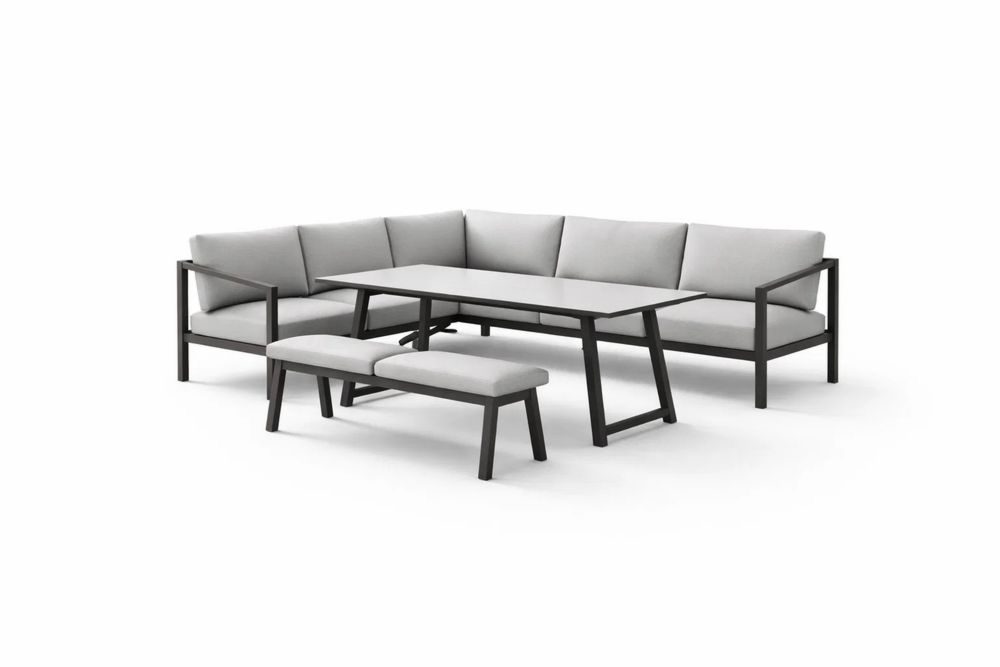 Gray Aluminum Outdoor Sectional Sofa Set with Table and Bench