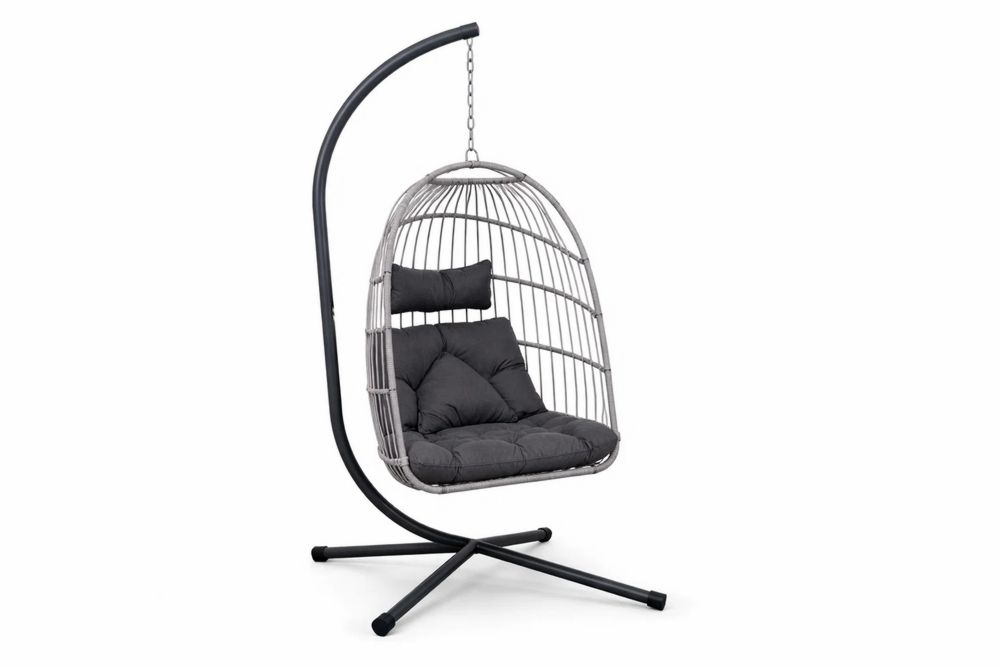 Hanging Egg Chair with Cushion Set Black Rattan Steel Stand