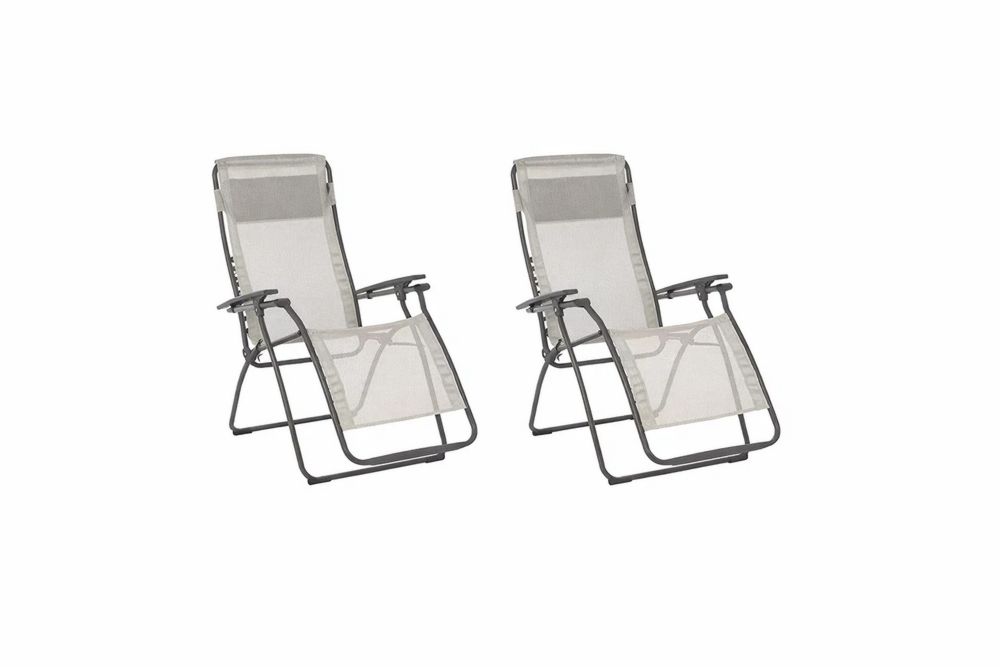 Outdoor Folding Recliner Chair Set Steel Frame Adjustable Beige Fabric