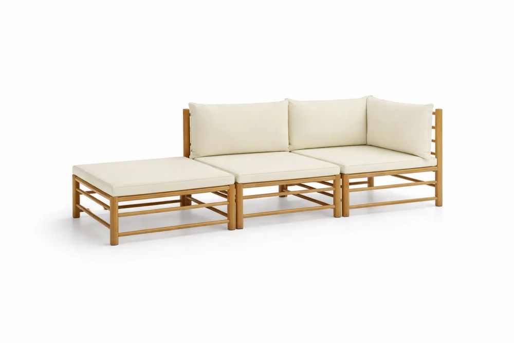 Outdoor Sectional Sofa Set Solid Wood Beige Cushions