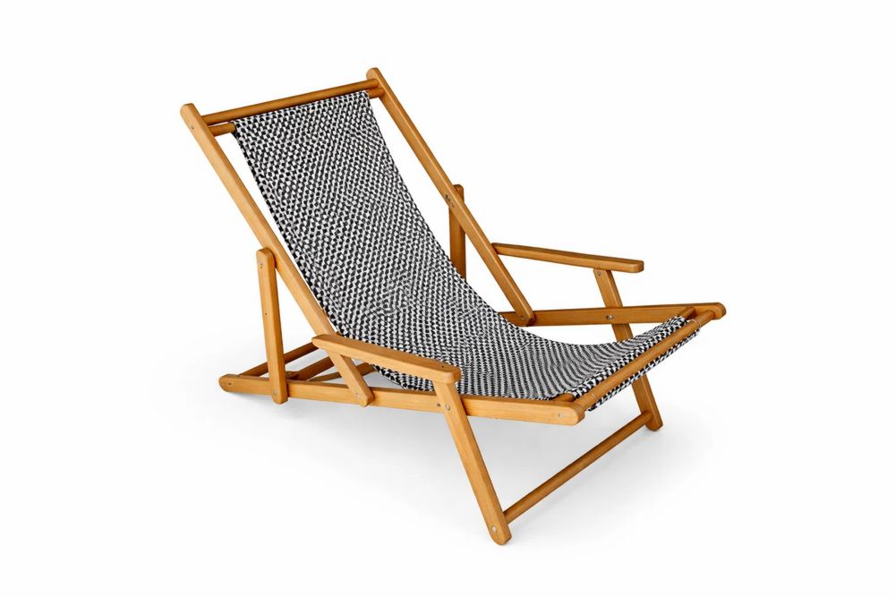Outdoor Folding Chair Wooden Frame Black and White Polyester Blend