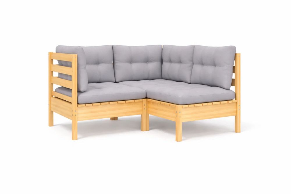 Corner Sofa Set Solid Wood Frame with Gray Cushions 75cm x 75cm x 65cm