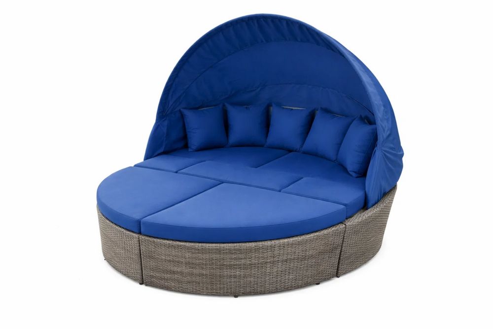 Outdoor Wicker Round Daybed with Retractable Canopy and Blue Cushions