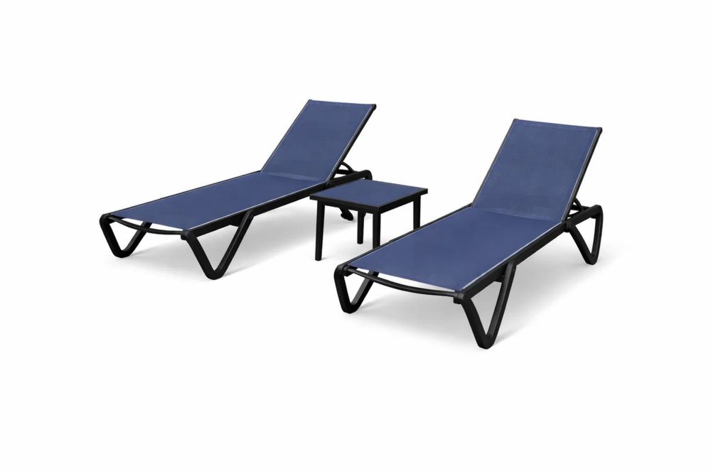 Outdoor Adjustable Lounge Chair Set with Table Navy Blue Steel Frame
