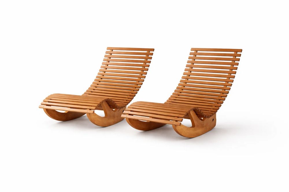 Wooden Slatted Rocking Lounge Chair Set