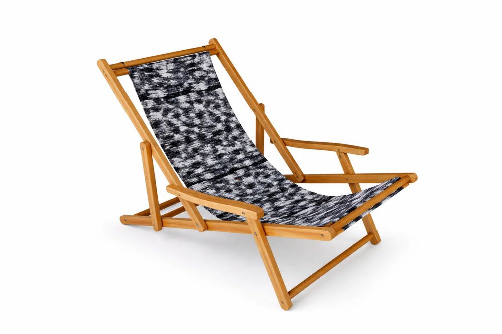 Outdoor Folding Lounge Chair with Pine Wood Frame and Polyester Fabric Black/White