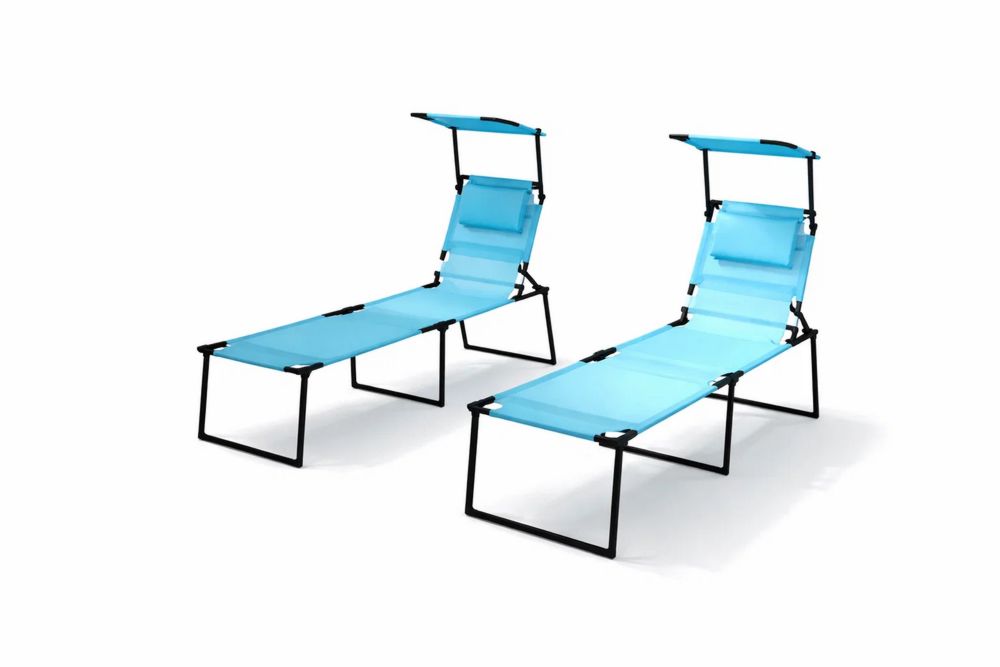 Set of 2 Adjustable Folding Chaise Lounge Chairs with Canopy Blue Textilene and Steel Frame