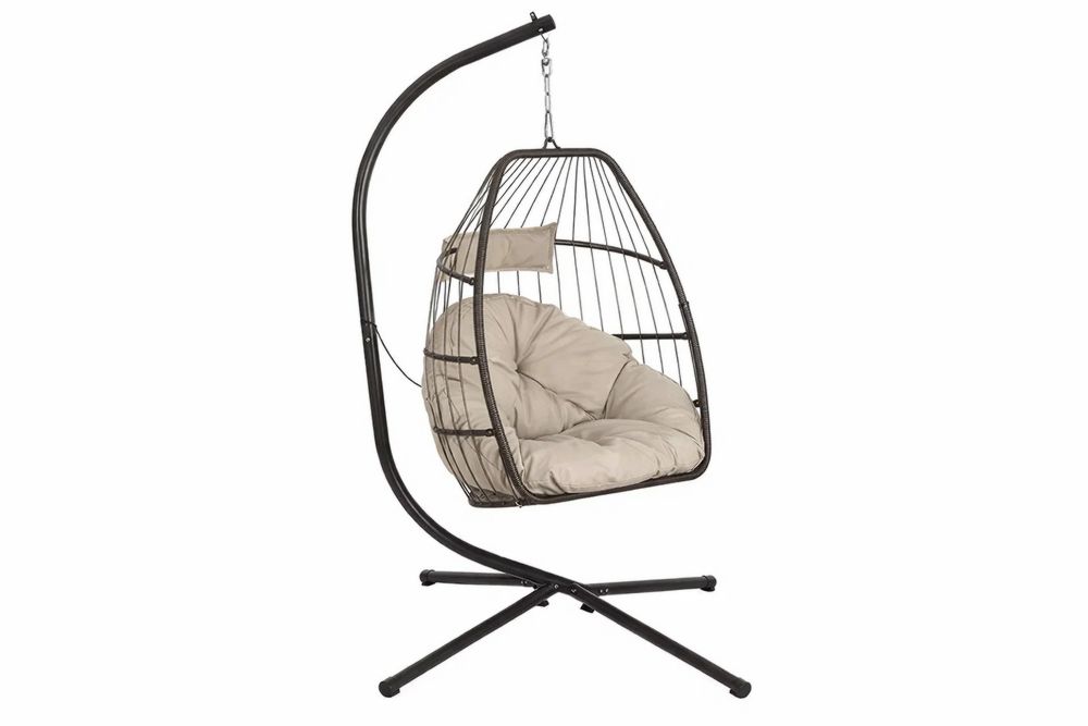 Metal Frame Hanging Egg Chair with Stand Beige Cushion