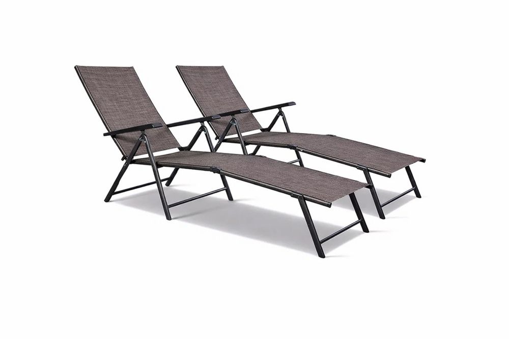 Outdoor Patio Folding Lounge Chair Set with Adjustable Backrest and Textilene Fabric Brown