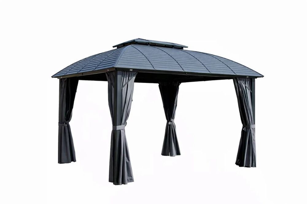 Aluminum Gazebo with Polycarbonate Roof and Polyester Curtains Grey 3x4m