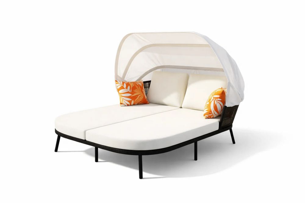 Outdoor Double Chaise Lounge with Canopy White Cushion steel Frame