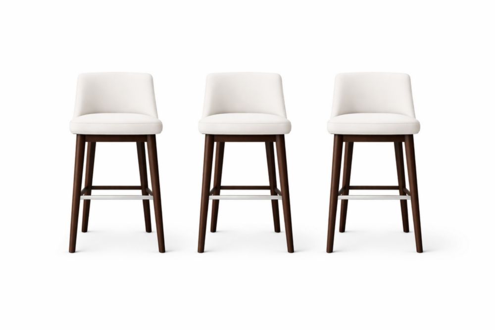Set of 3 White Faux Leather Bar Stools with Wooden Legs