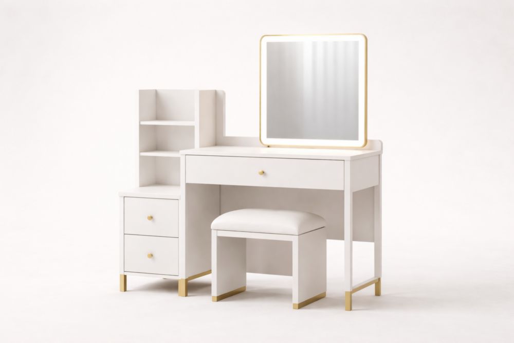 White Wooden Vanity Table Set with Mirror, Shelves, and Stool