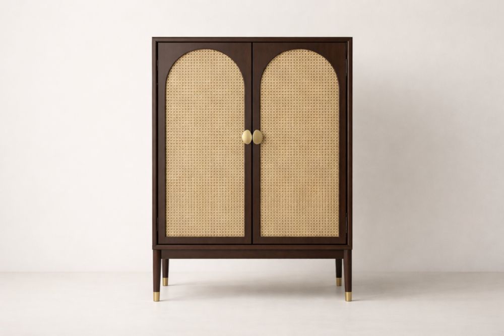 Wood Cane Cabinet with Brass Accents Arched Doors 120cm x 80cm x 40cm