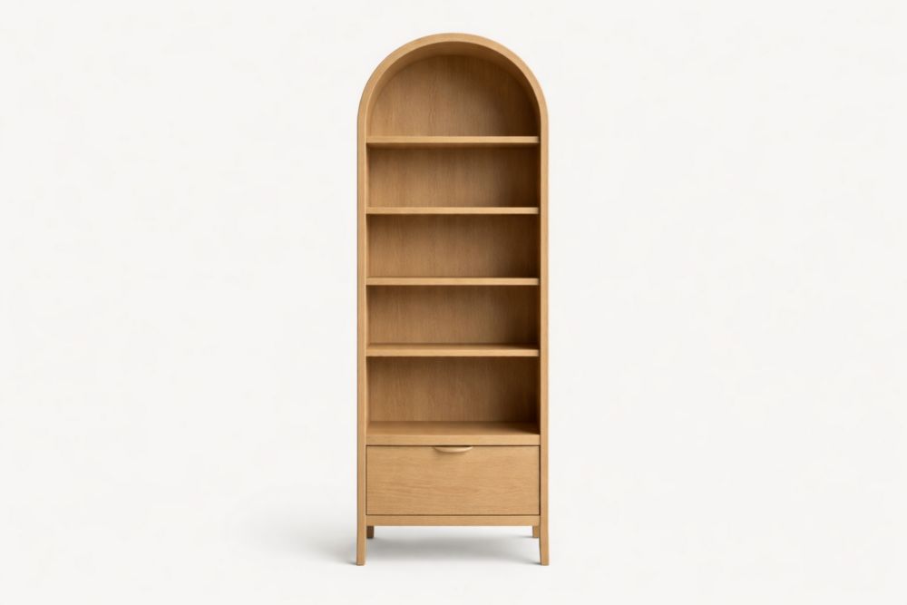 Curved Solid Wood Bookshelf with Drawer