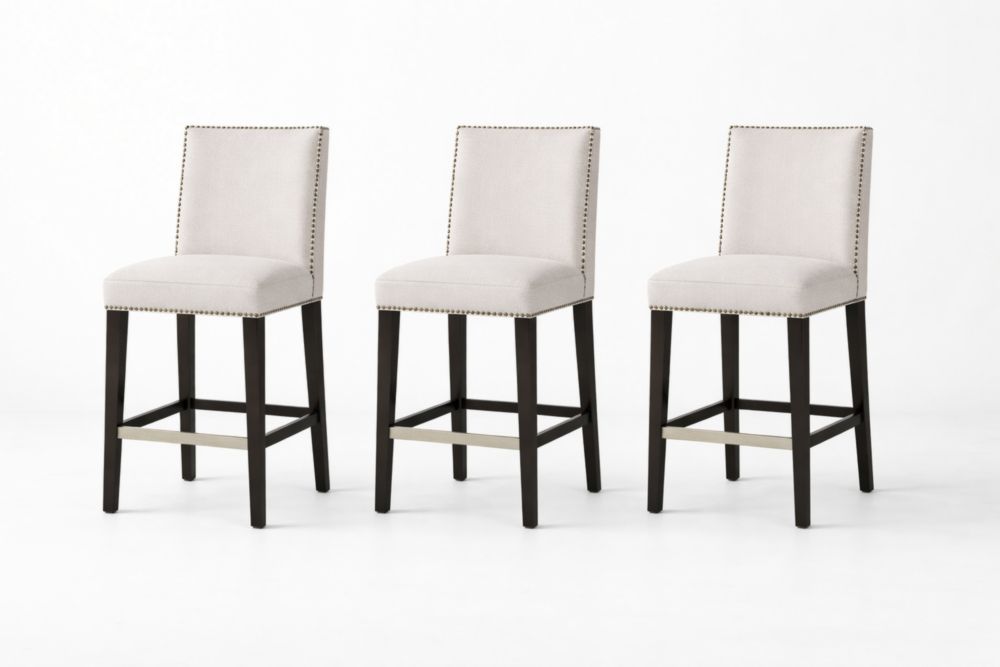 Set of 3 Beige Upholstered Bar Stools with Metal Nailhead Trim and Wooden Legs