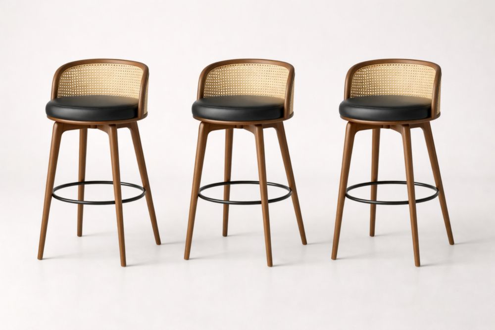 Set of 3 Swivel Bar Stools with Rattan Back and Faux Leather Seat Cushion