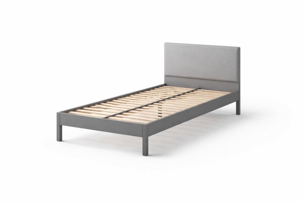Gray Metal Twin Bed Frame with Fabric Headboard and Wooden Slats