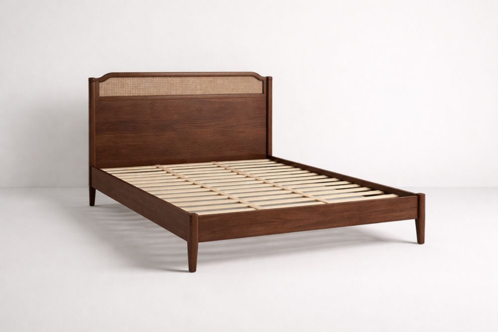 Brown bed frame with a wooden headboard featuring rattan weaving