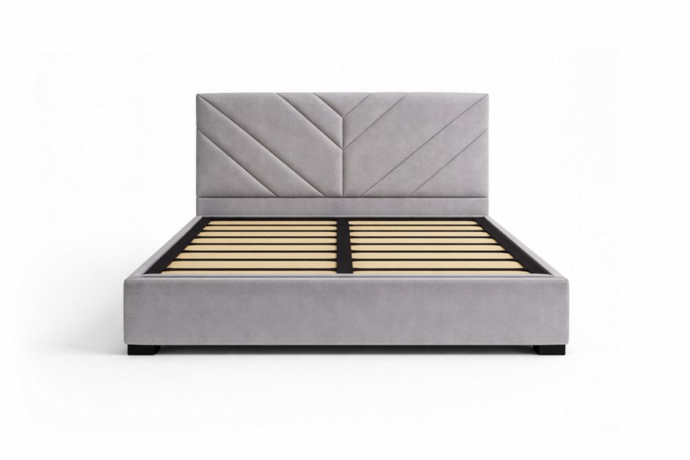 Upholstered Platform Bed Frame Grey Velvet with Geometric Headboard