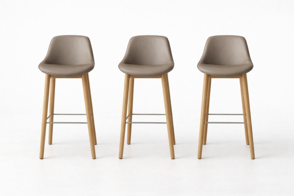 Set of 3 Taupe PU Leather Bar Stools with Wooden Legs