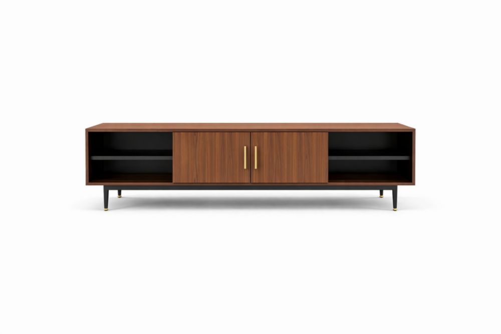 Walnut Veneer TV Stand with Black Metal Legs and Gold Accents 180cm