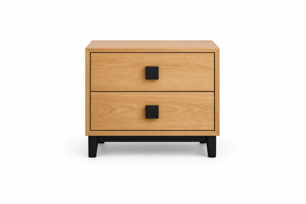 Wood Nightstand with Two Drawers and Black Handles