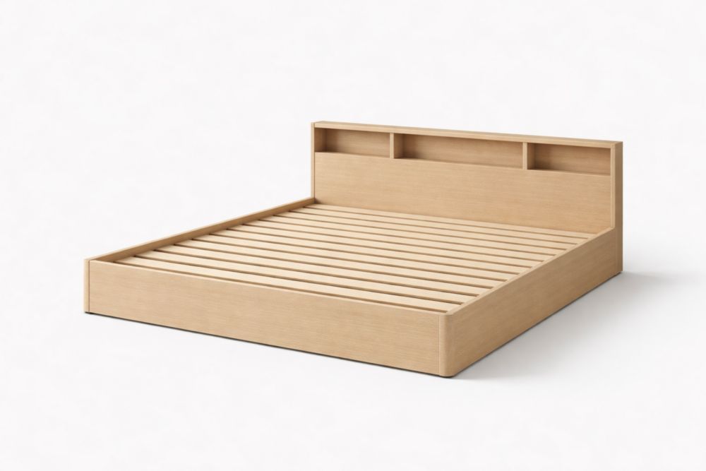 Wood Bed Frame with Storage Headboard