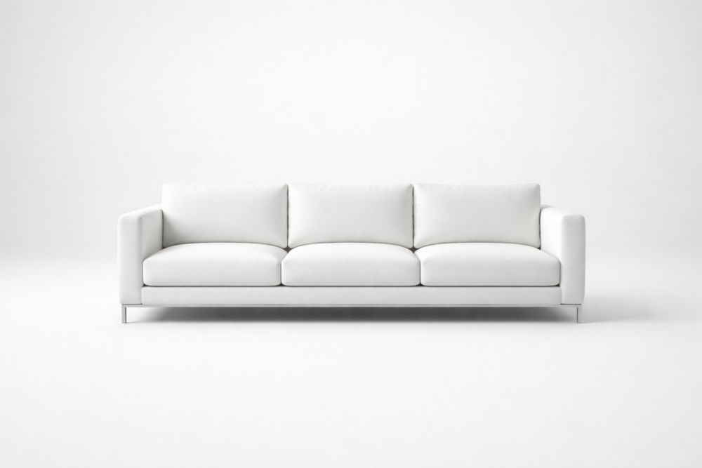 White Fabric Three-Seater Sofa with Metal Legs