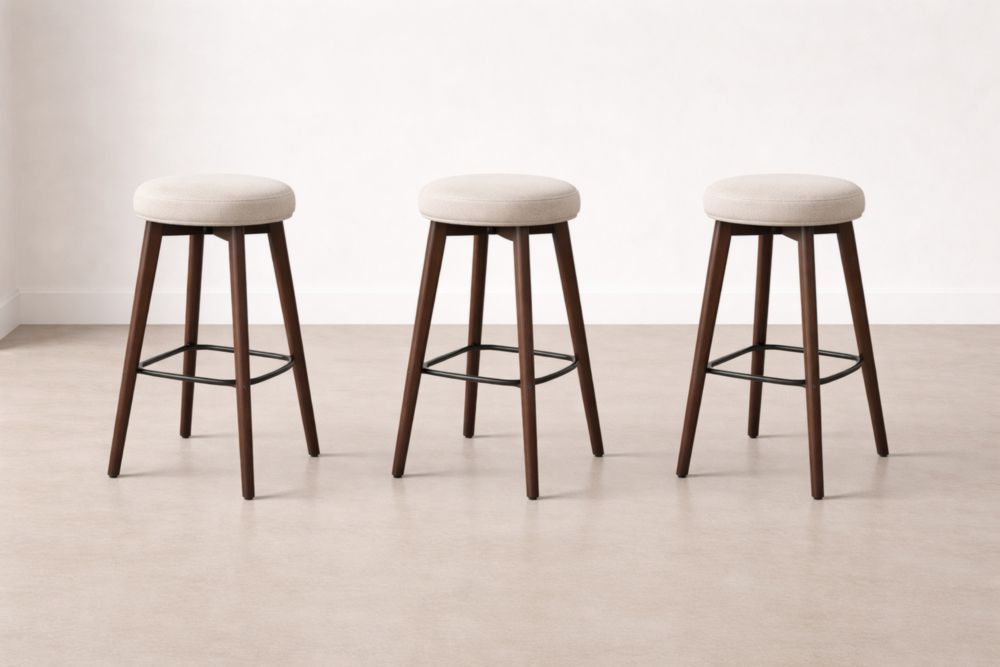 Set of 3 Round Backless Bar Stools Beige Polyester Upholstered with Walnut Wood Legs