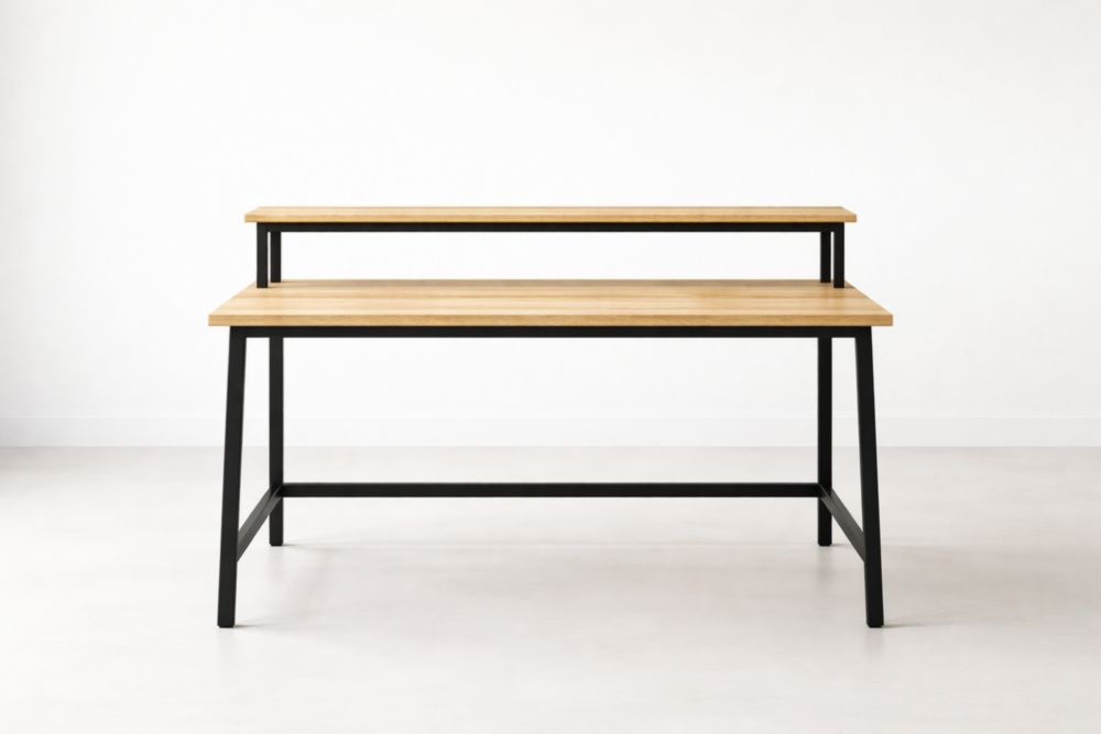 Wood Desk with Metal Legs Two-Tier Light Brown Black 120x60x75cm